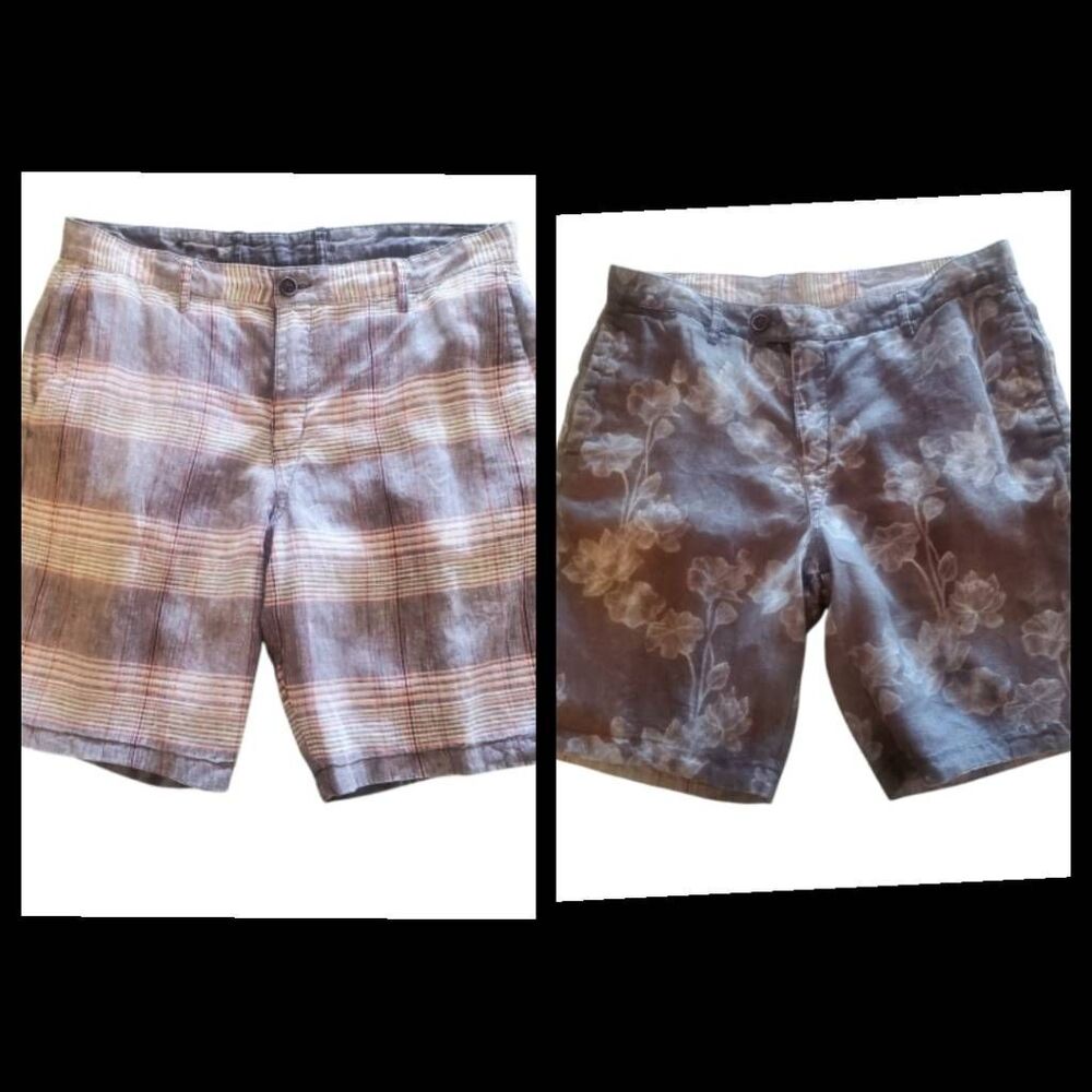 Tommy Bahama Men's 36 Reversible 100% Linen Shorts Plaid Floral Blue Gray